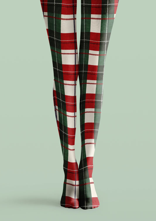 Red and green plaid printed tights with cream blocks and fine black and white intersecting lines.