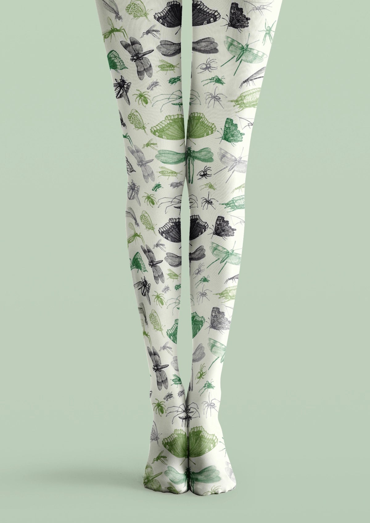 White printed tights with green and gray butterflies, dragonflies, spiders, beetles, and insect illustrations