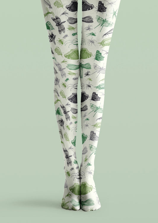 White printed tights with green and gray butterflies, dragonflies, spiders, beetles, and insect illustrations