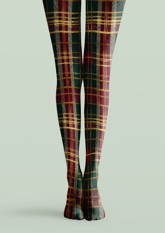 Green and burgundy printed tights with golden-yellow tartan plaid lines across both legs