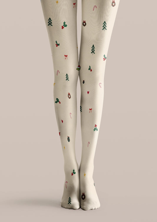 Ivory printed tights with Christmas trees, red bows, candy canes, holly, ornaments and festive scattered motifs.