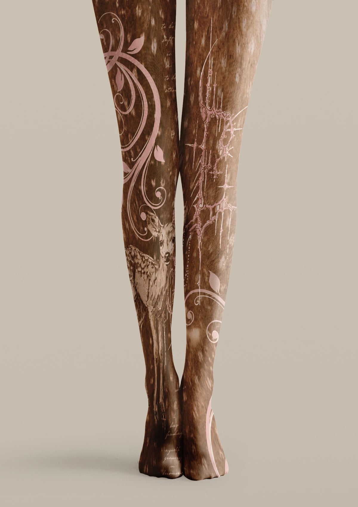 Brown printed tights with deer artwork, pale pink decorative lines, vintage script, and detailed architectural motifs