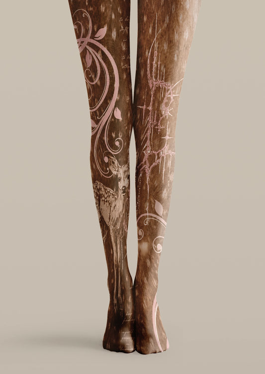 Brown printed tights with deer artwork, pale pink decorative lines, vintage script, and detailed architectural motifs