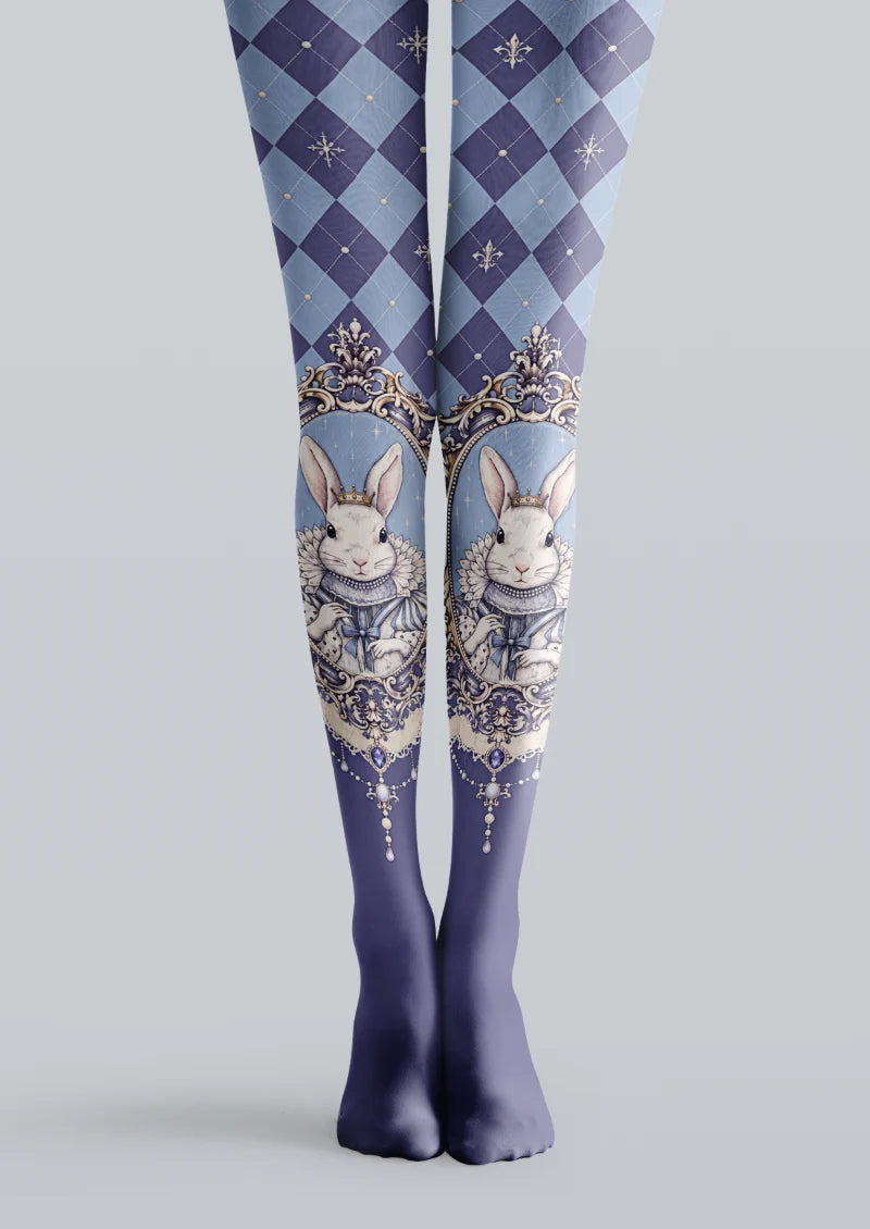 Blue printed tights with navy argyle diamonds and ornate crowned rabbit portrait motifs on the lower legs