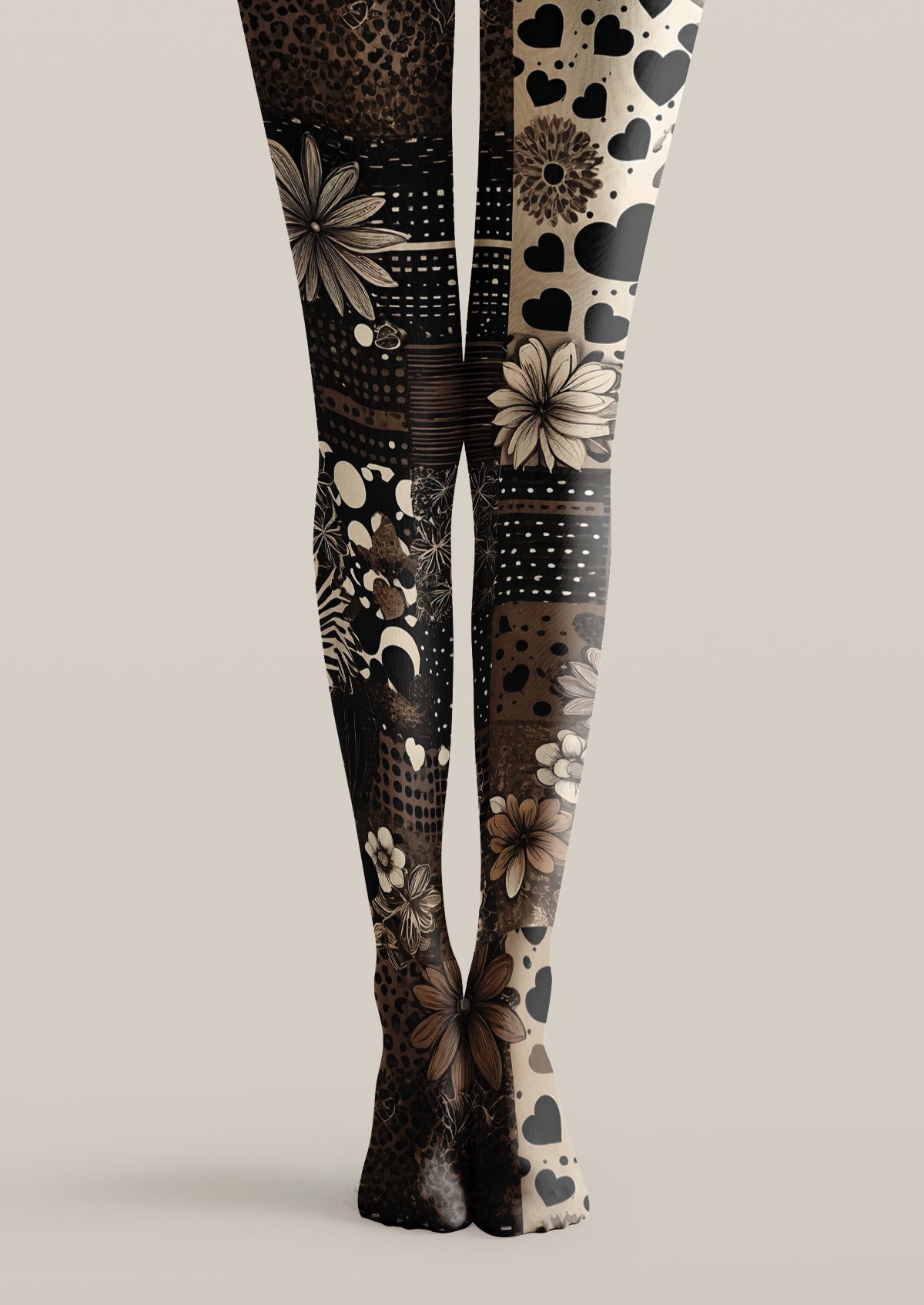 Black patchwork printed tights with flowers, hearts, leopard-inspired spots, polka dots, and graphic panels