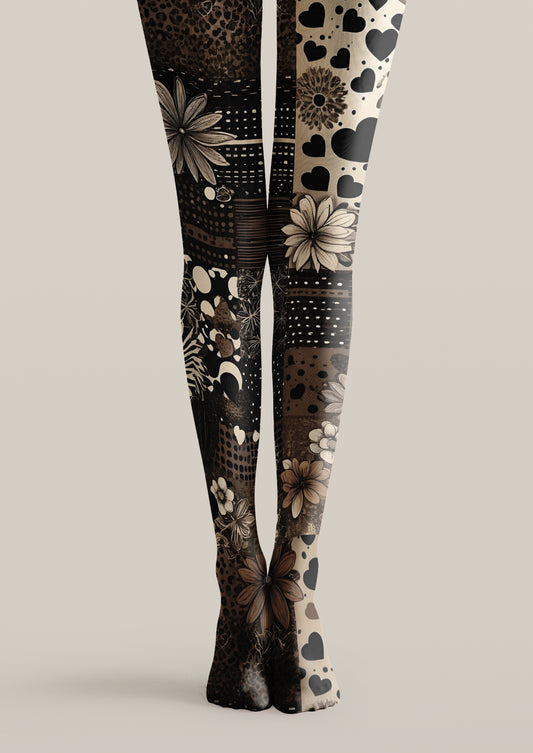 Black patchwork printed tights with flowers, hearts, leopard-inspired spots, polka dots, and graphic panels