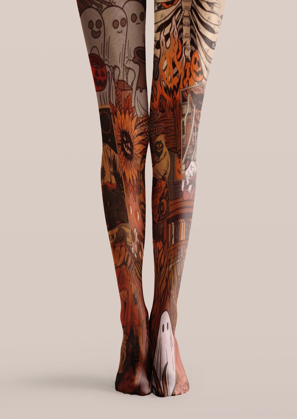 Black printed tights with ghosts, pumpkins, skeletons, flames, and Halloween collage artwork.