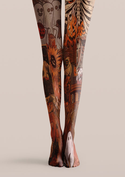 Black printed tights with ghosts, pumpkins, skeletons, flames, and Halloween collage artwork.