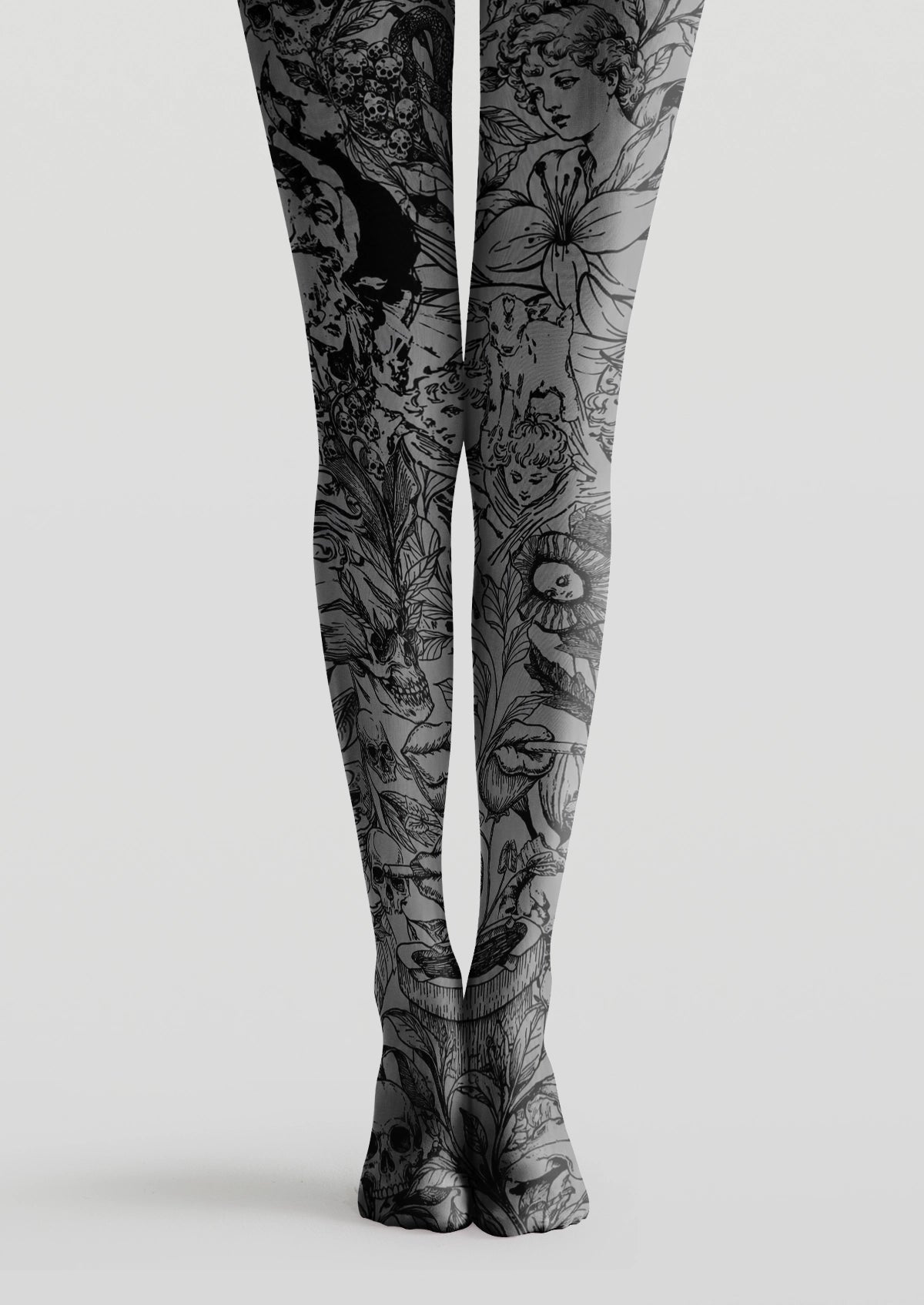 Gray printed tights with black skulls, cherub-like faces, flowers, leaves, and gothic engraving details