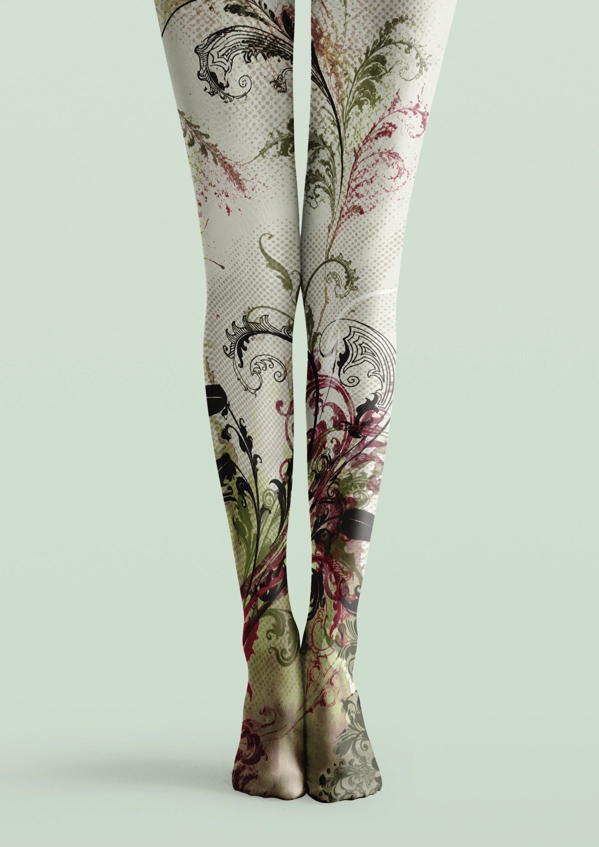 Ivory printed tights with green and burgundy scrollwork, decorative vines, leaves, and vintage floral details