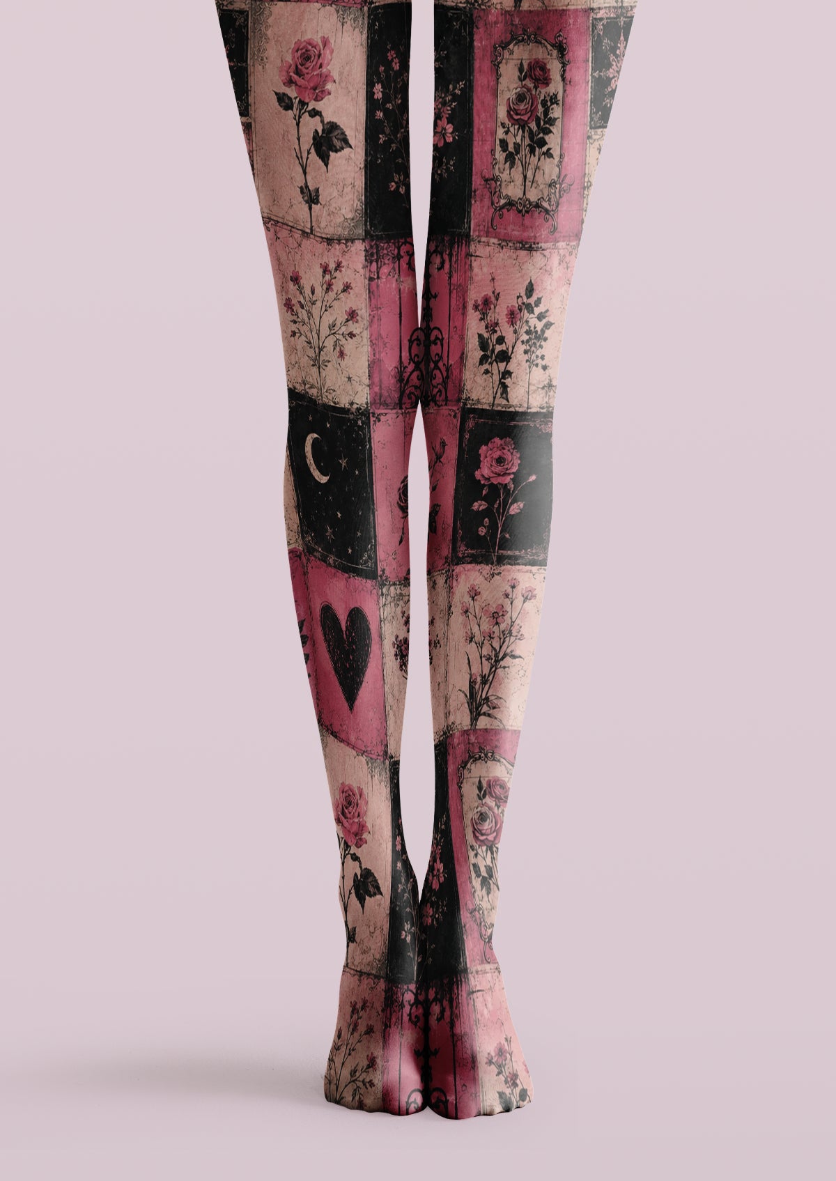 Pink printed tights with roses, botanical sprigs, black heart, crescent moon, and vintage patchwork panels