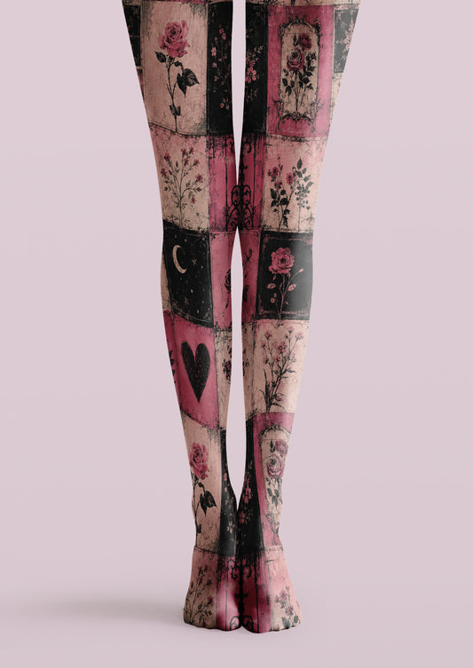 Pink printed tights with roses, botanical sprigs, black heart, crescent moon, and vintage patchwork panels