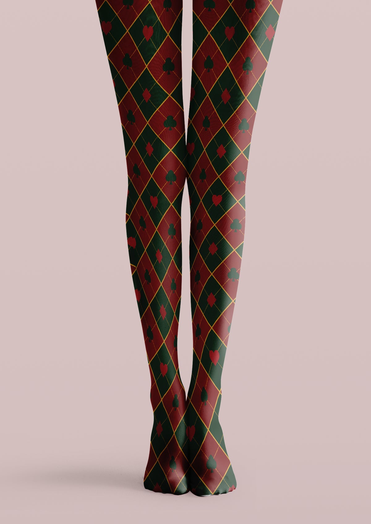 Green and burgundy printed tights with yellow argyle lines and playing-card suit symbols across both legs