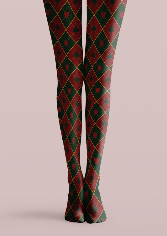 Green and burgundy printed tights with yellow argyle lines and playing-card suit symbols across both legs