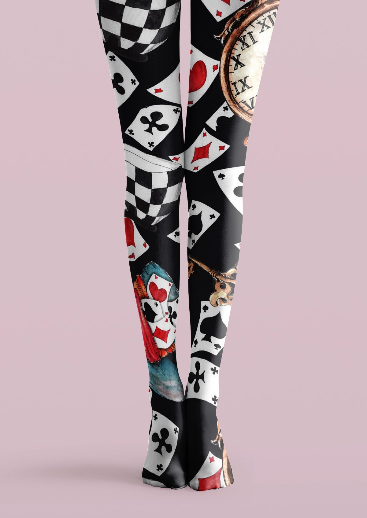 Black printed tights with playing cards, checkerboard patterns, card suits, clock details, and collage artwork