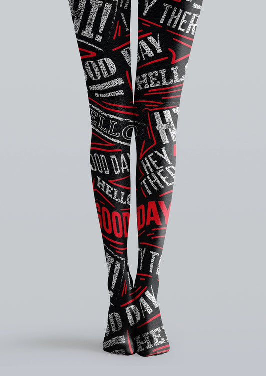 Black printed tights with white and red typography, distressed letters, arrows, and graphic poster elements