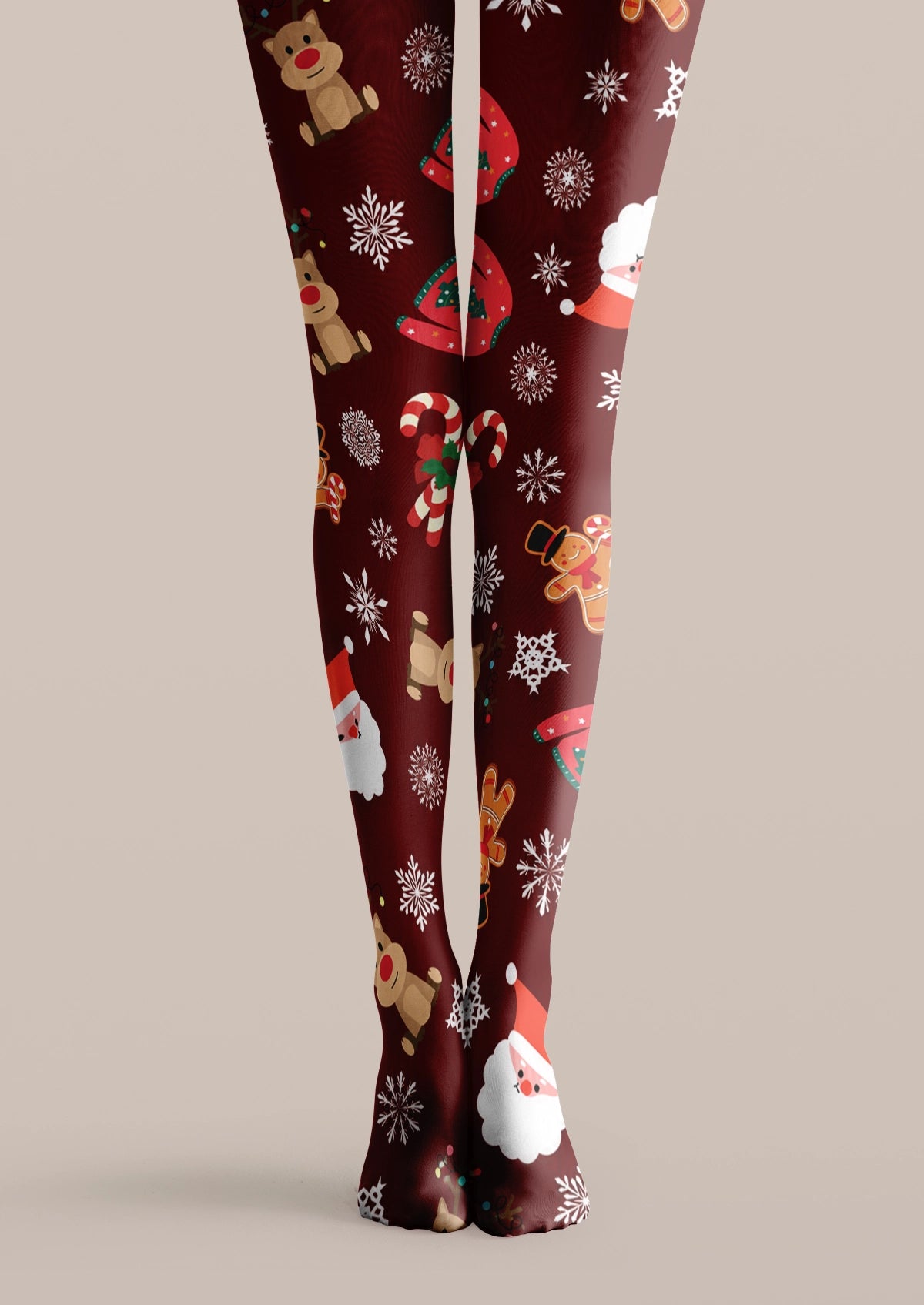 Burgundy printed tights with Santa, reindeer, candy canes, gingerbread figures, and white snowflakes