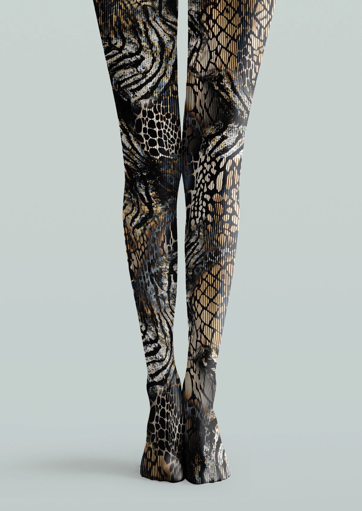 Black printed tights with zebra-like stripes, reptile textures, net patterns, and mixed animal markings