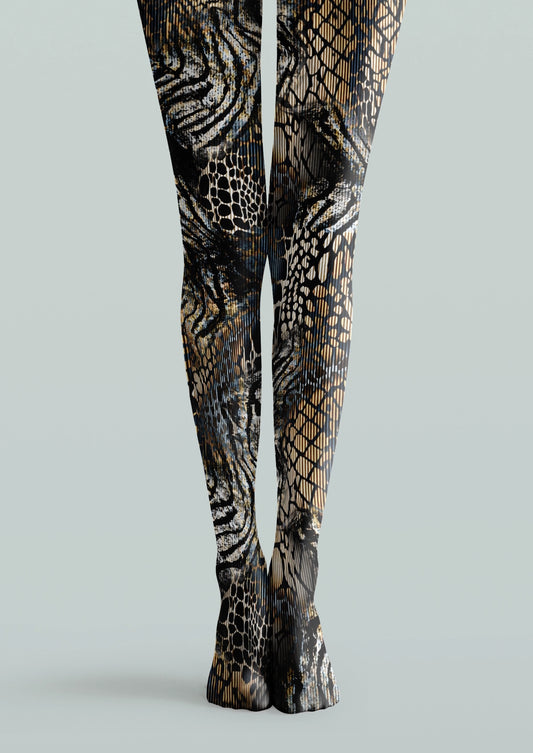 Black printed tights with zebra-like stripes, reptile textures, net patterns, and mixed animal markings