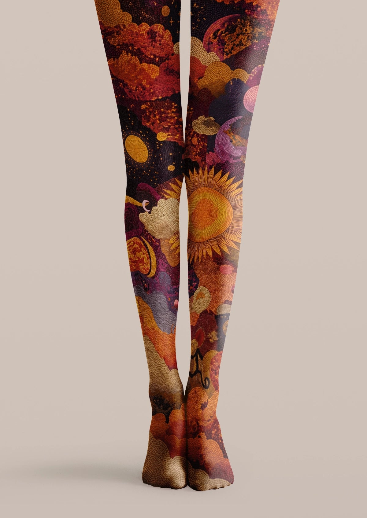 Black printed tights with sunflower, celestial circles, clouds, and orange purple fantasy artwork
