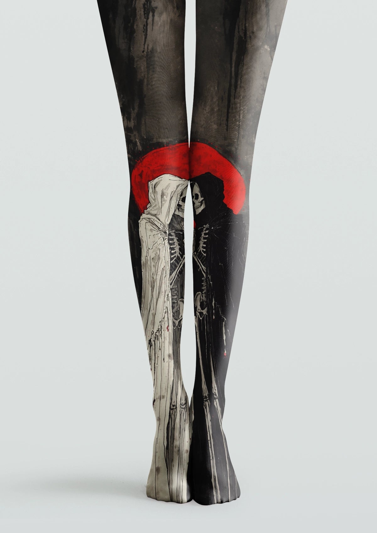 Black printed tights with two hooded skeleton figures, vivid red moon, and distressed gothic details