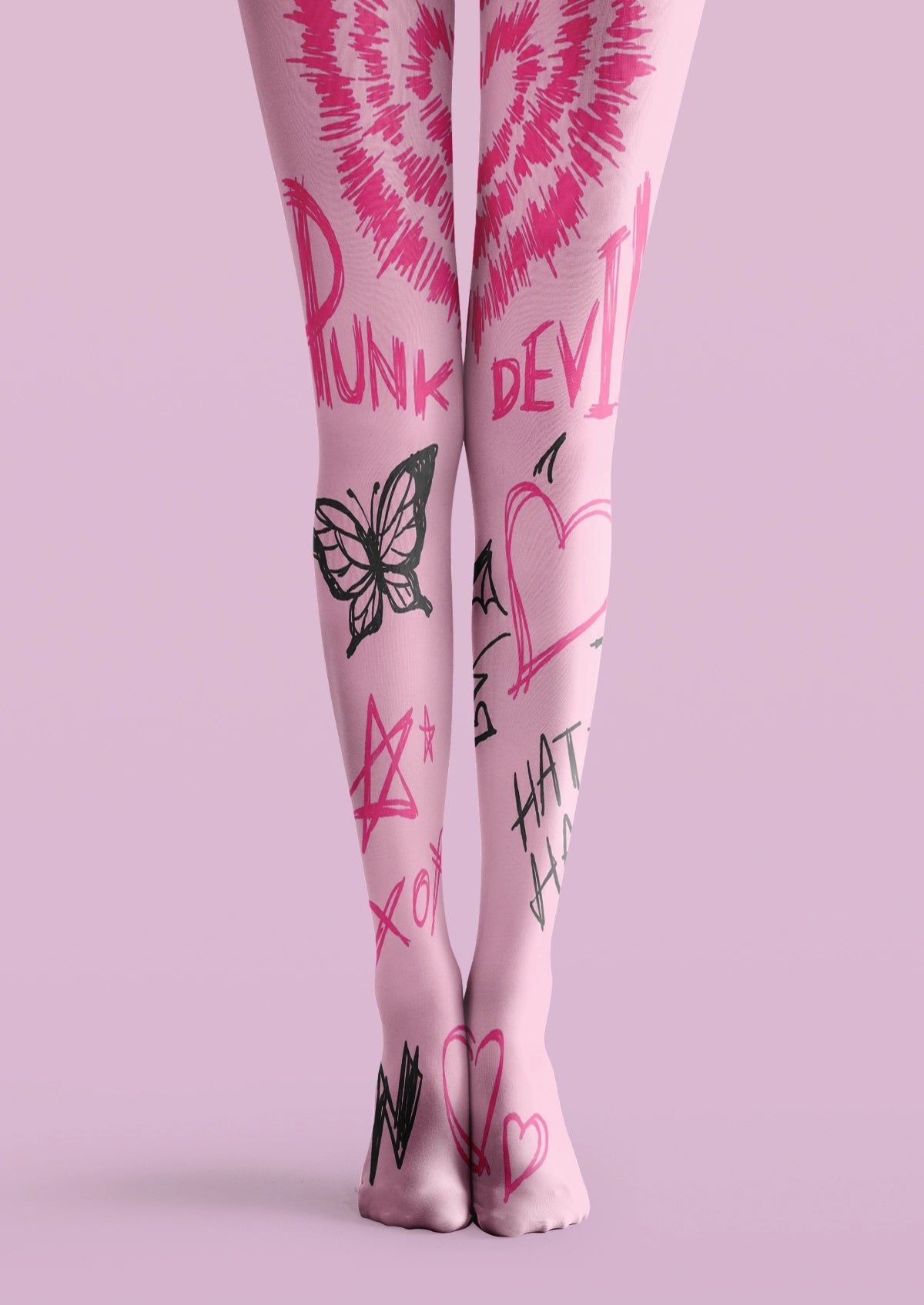 Pink printed tights with graffiti hearts, black butterfly sketches, stars, handwritten lettering, and doodles