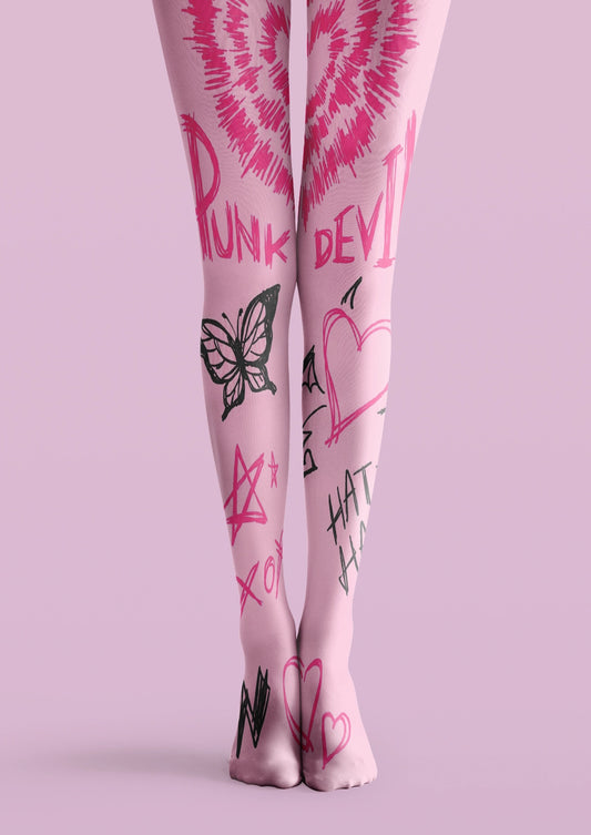 Pink printed tights with graffiti hearts, black butterfly sketches, stars, handwritten lettering, and doodles