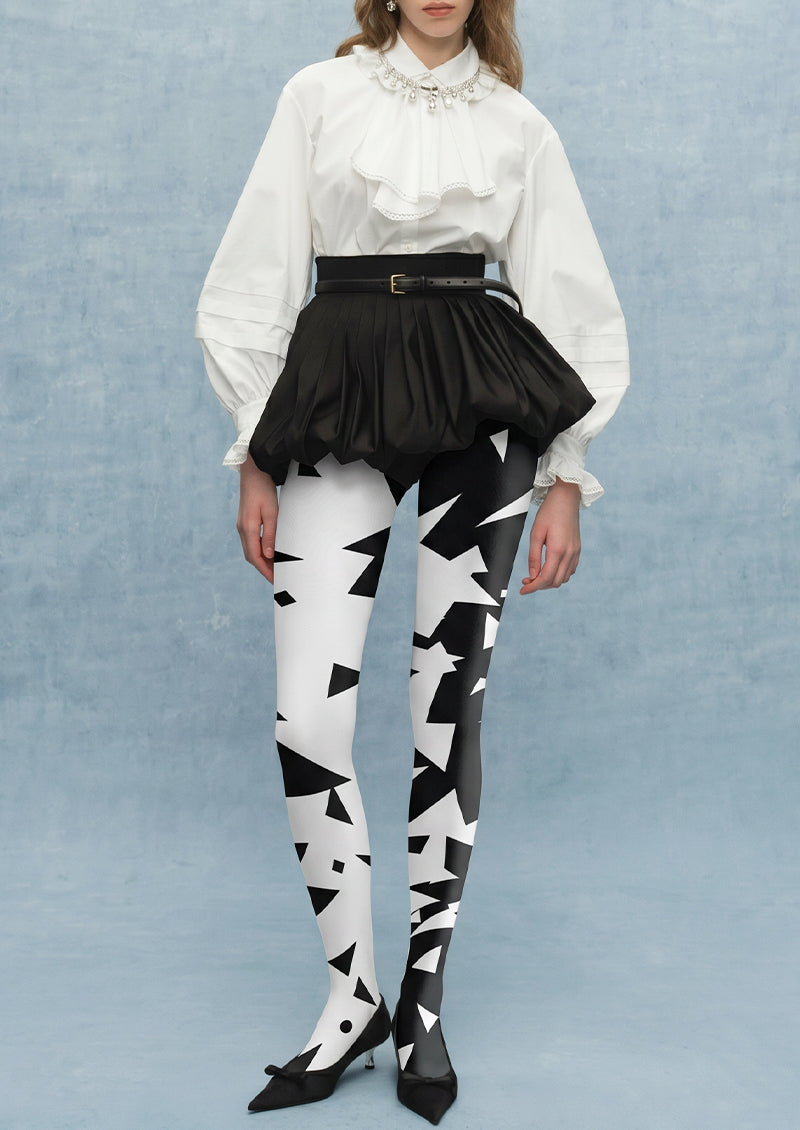 Black White Geometric Patchwork Tights Hosiery Pantyhose