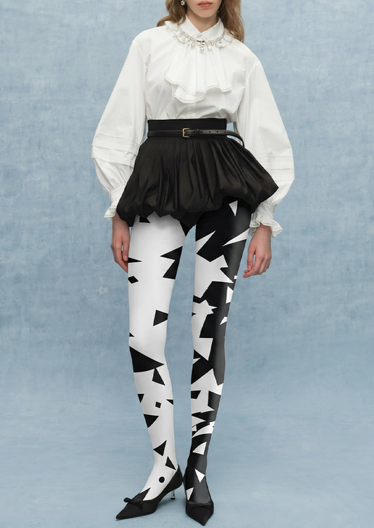 Black White Geometric Patchwork Tights Hosiery Pantyhose