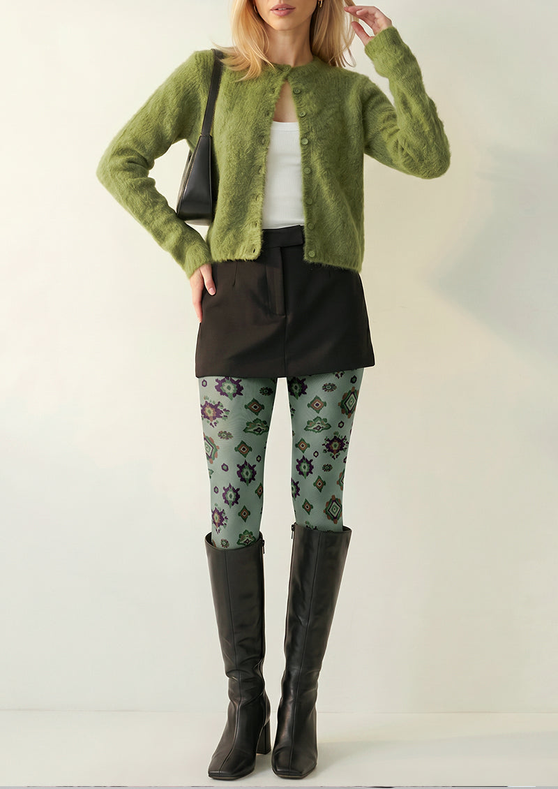 Green Ethnic Geometric Tights Hosiery Pantyhose