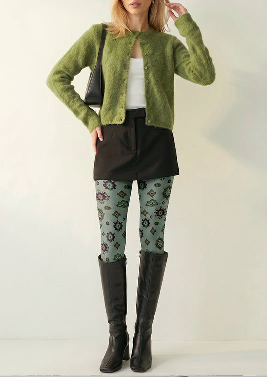Green Ethnic Geometric Tights Hosiery Pantyhose