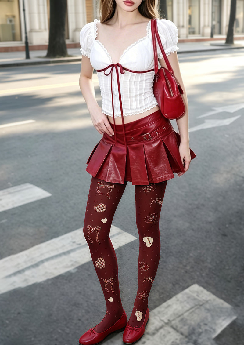Burgundy Heart Bow Plaid Tights Hosiery Pantyhose