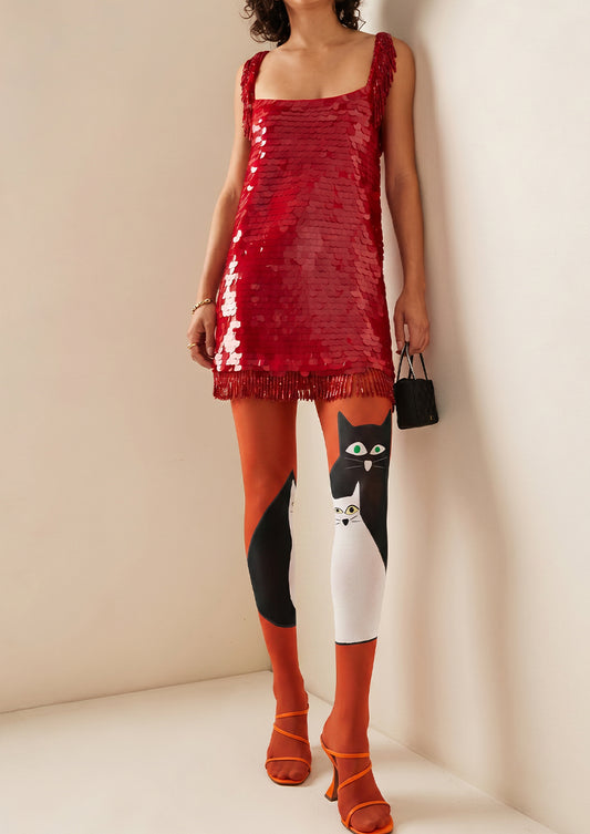 Red Black White Cat Animal Print Tights Hosiery Pantyhose