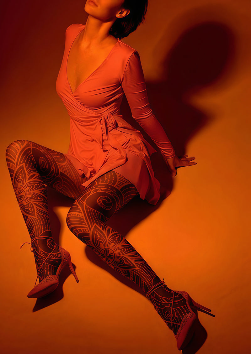 Red Brown Mandala Tattoo Tights Hosiery Pantyhose