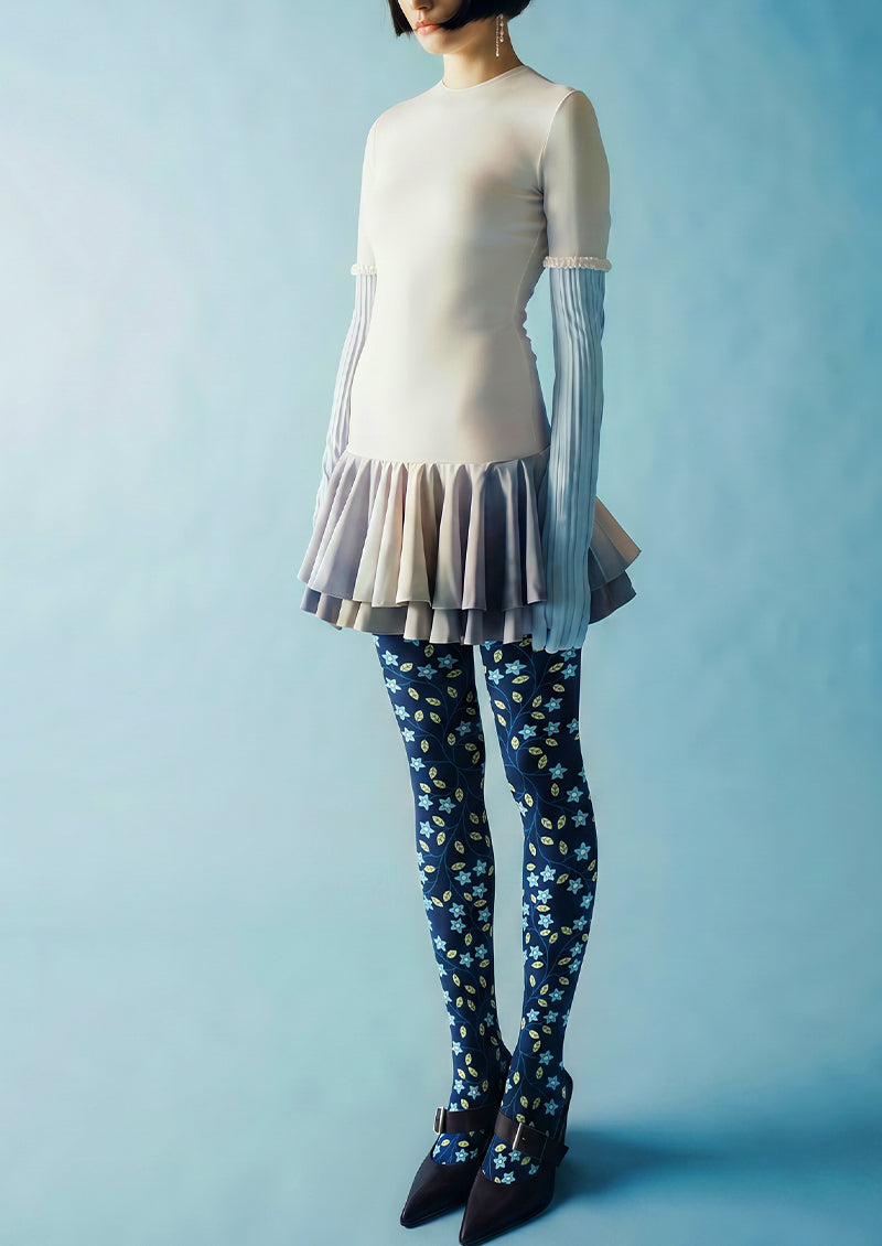 Navy Blue Light Blue Floral Vines Tights Hosiery Pantyhose