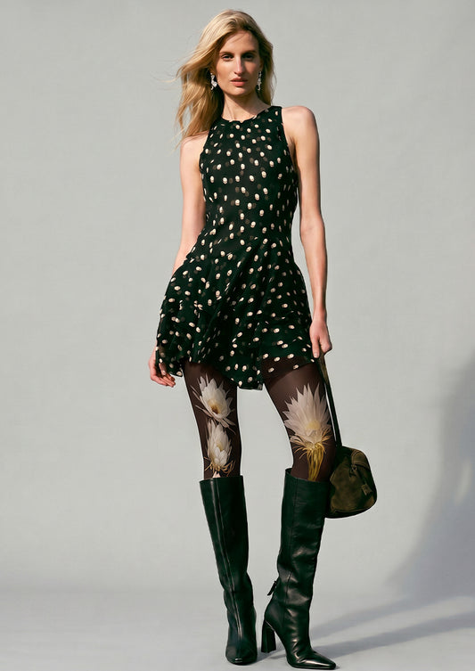 Black White Floral Art Tights Hosiery Pantyhose