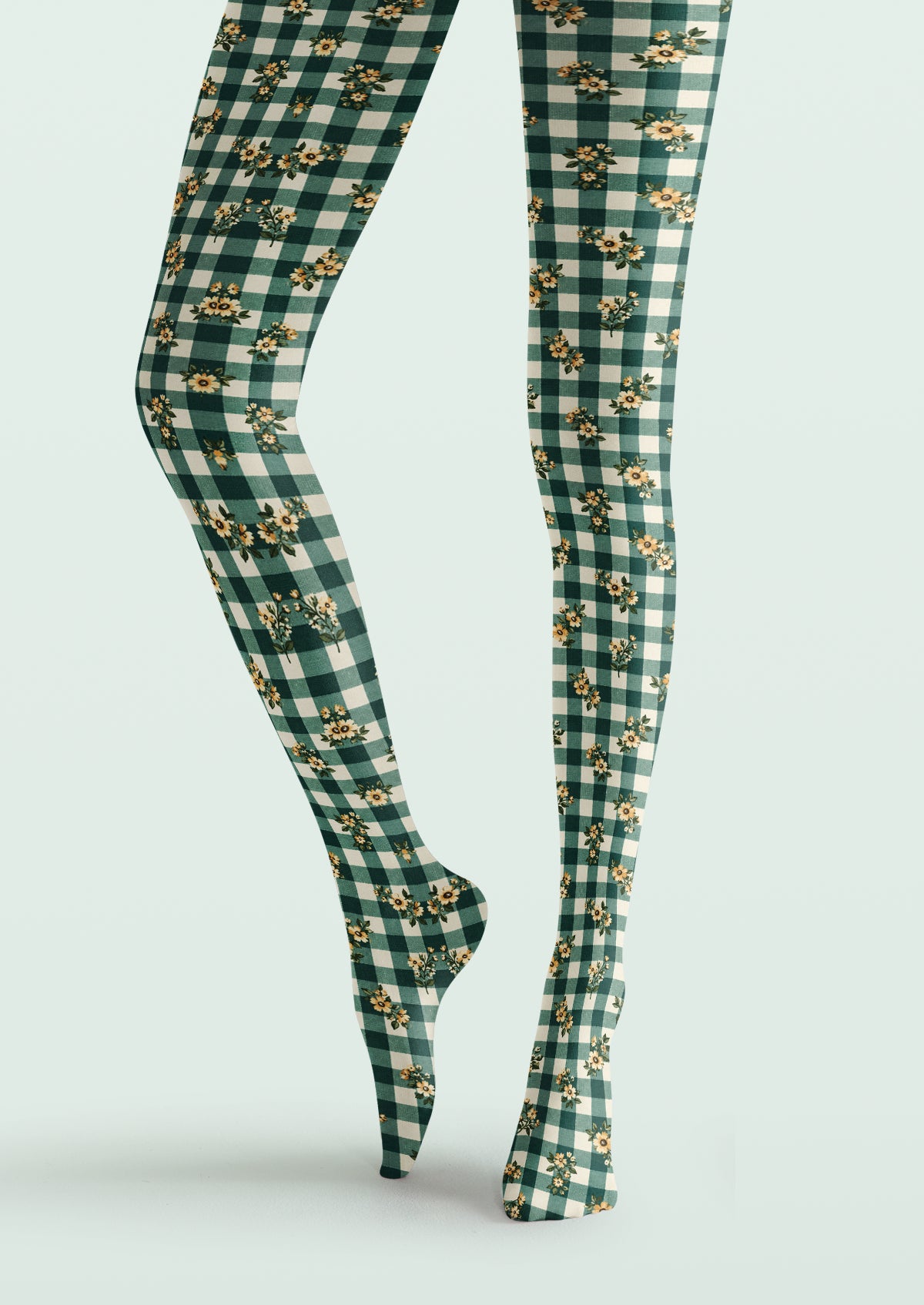 Green Gingham Floral Tights
