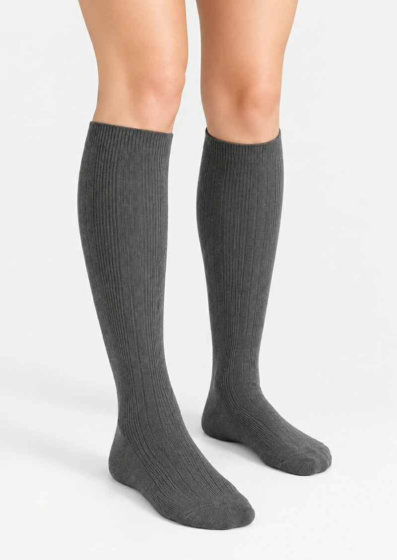 Solid Ribbed Knee-High Socks