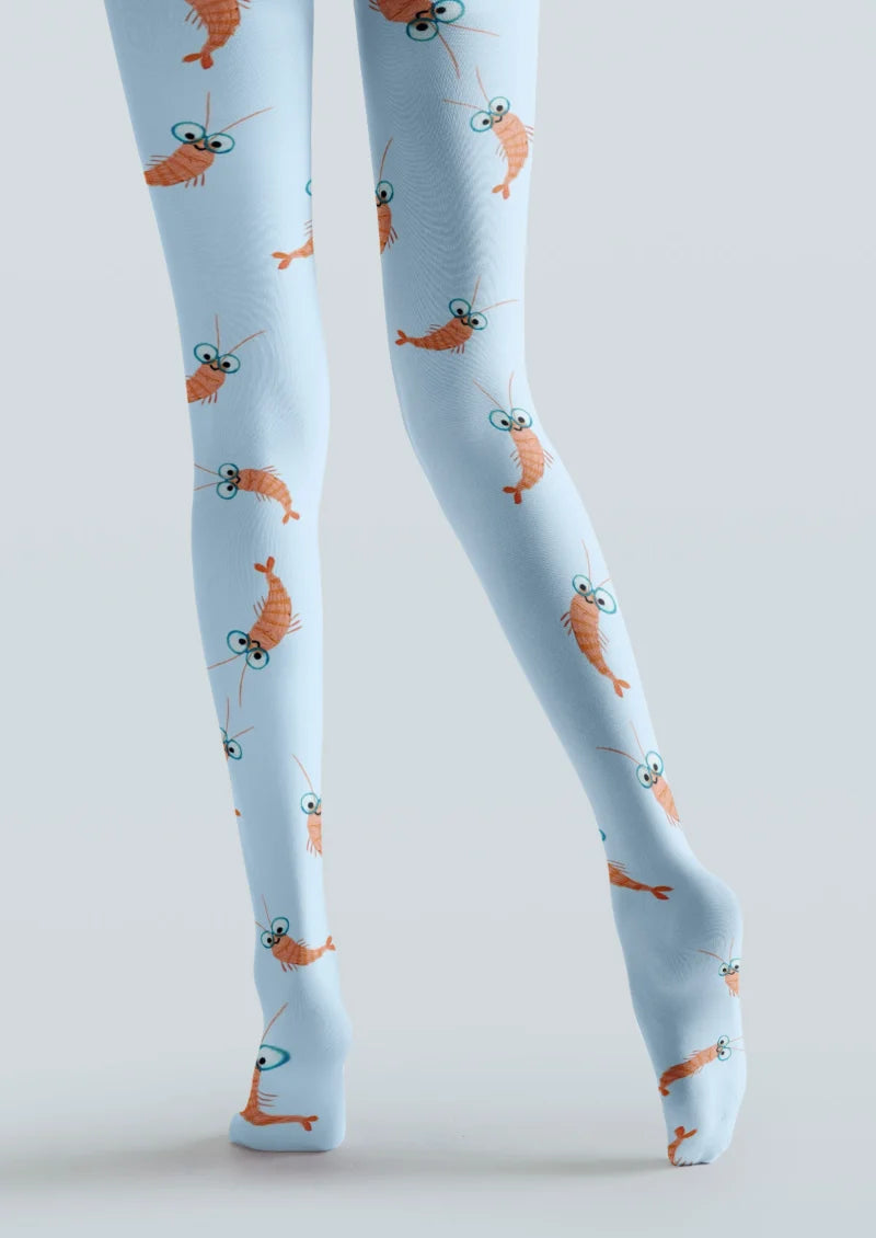 Blue tights with scattered orange cartoon shrimp featuring oversized teal-outlined eyes and long antennae.