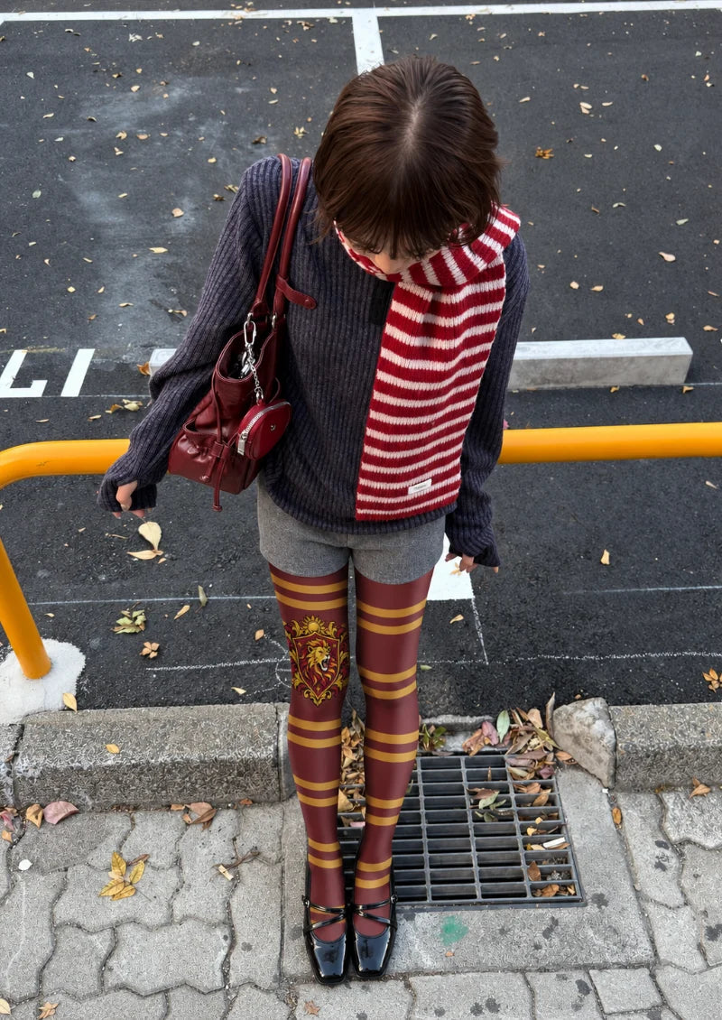 Burgundy Lion Crest Stripe Tights