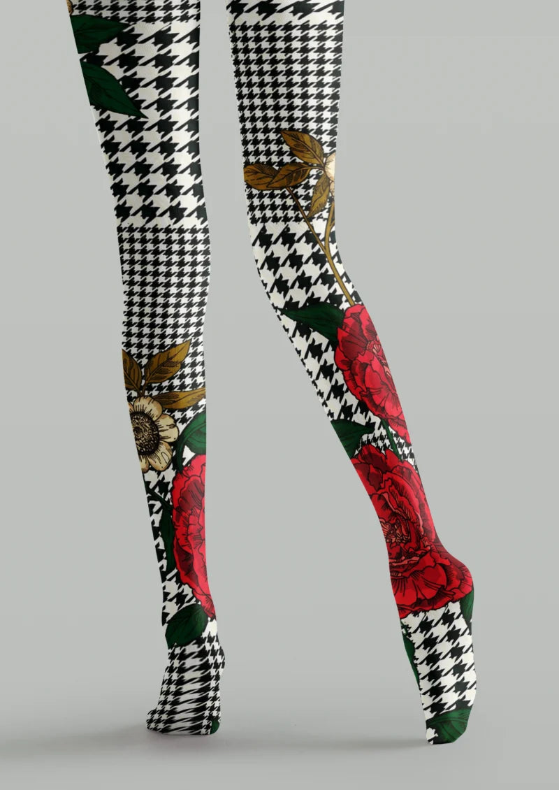 Black White Houndstooth Rose Tights