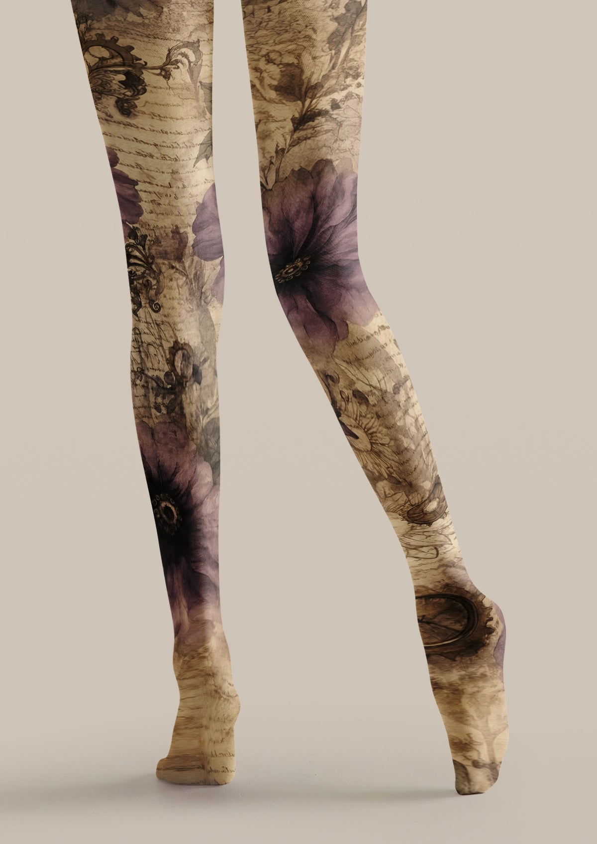 Beige Vintage Floral Tights