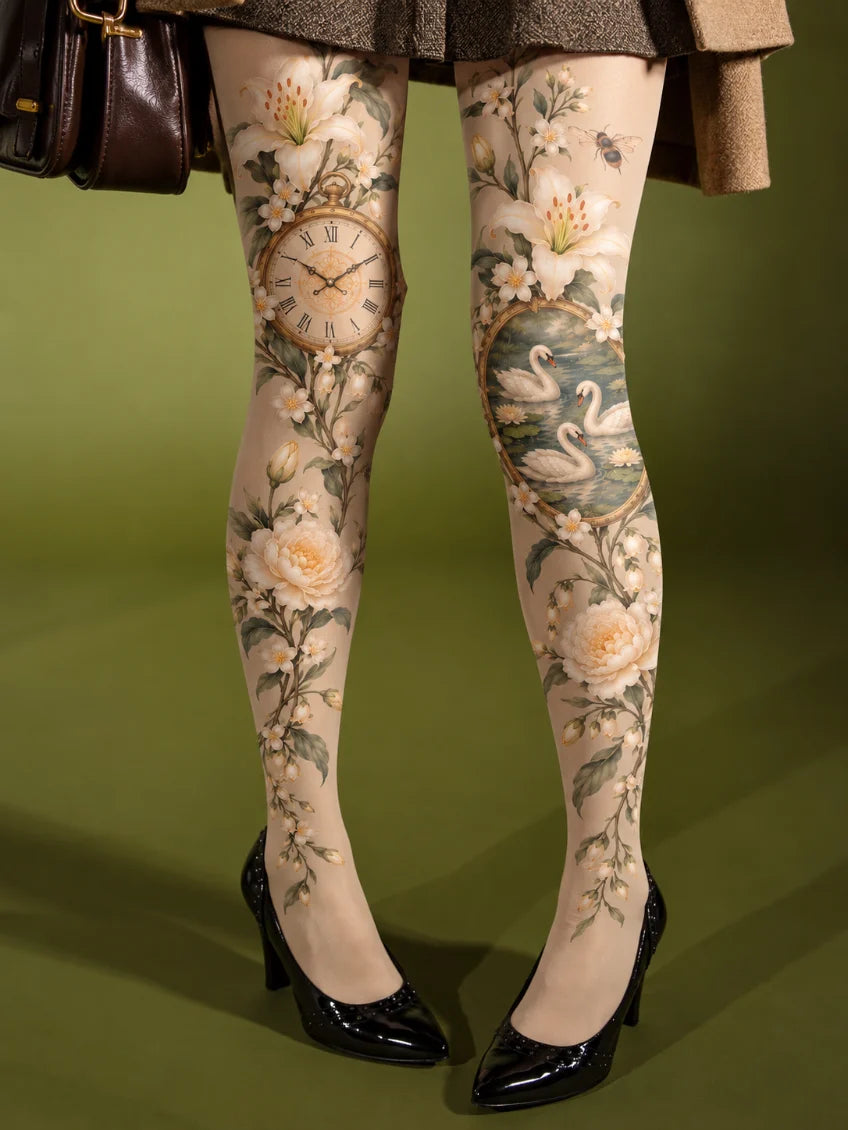 Beige Swan and Pocket Watch Tights