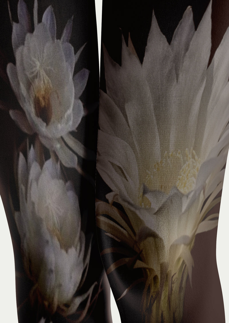 Black White Floral Art Tights Hosiery Pantyhose