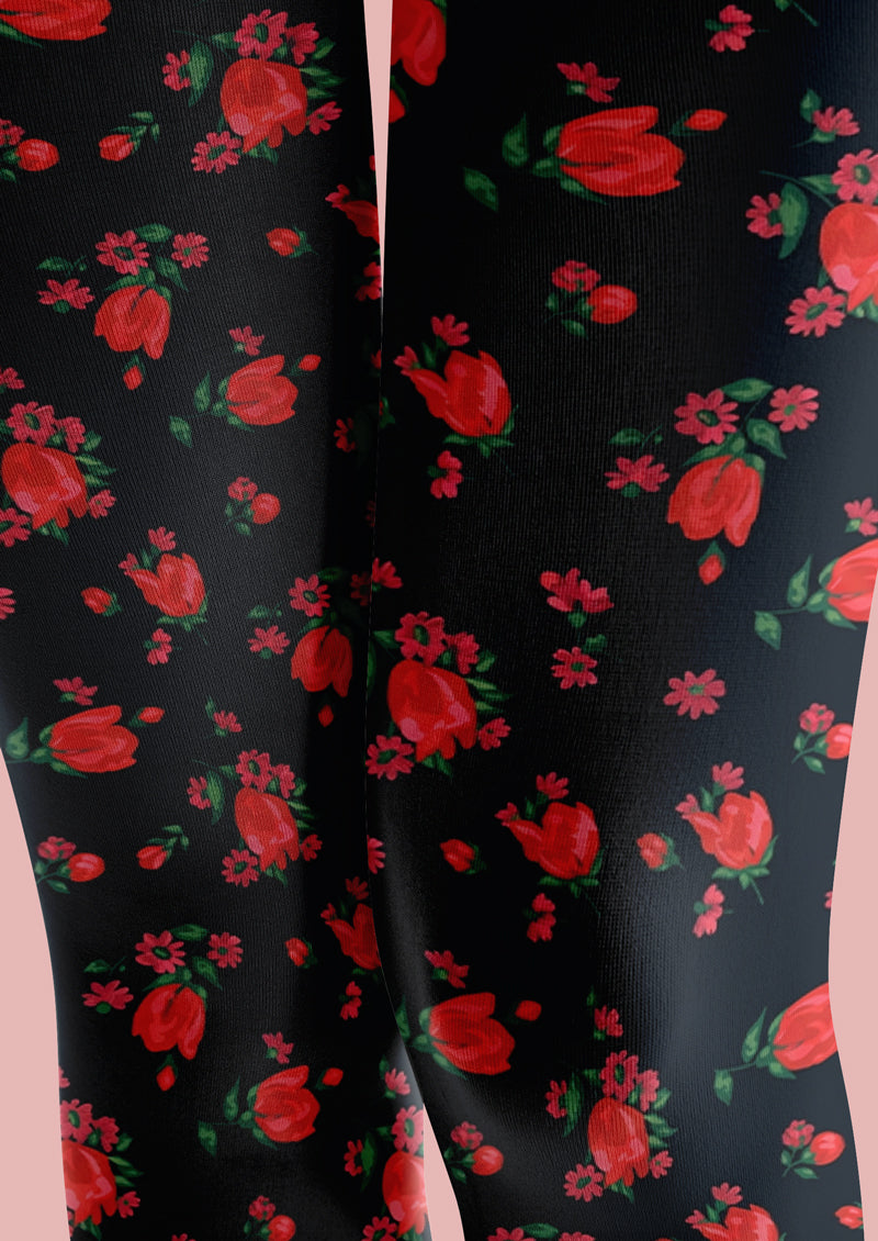 Black Red Rose Tights Hosiery Pantyhose