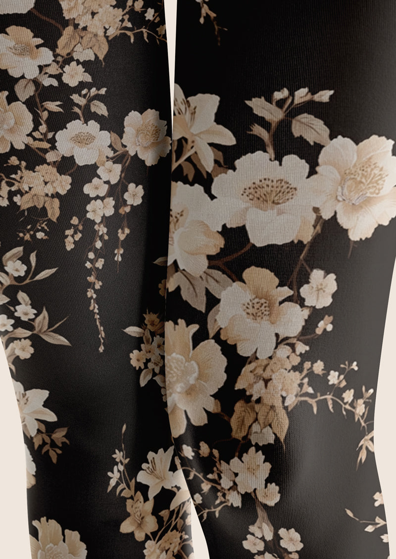Black White Vintage Floral Tights Hosiery Pantyhose