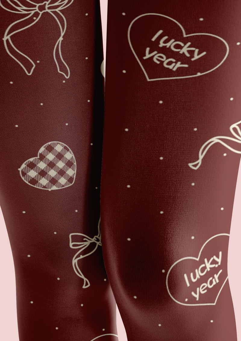 Burgundy Heart Bow Plaid Tights Hosiery Pantyhose