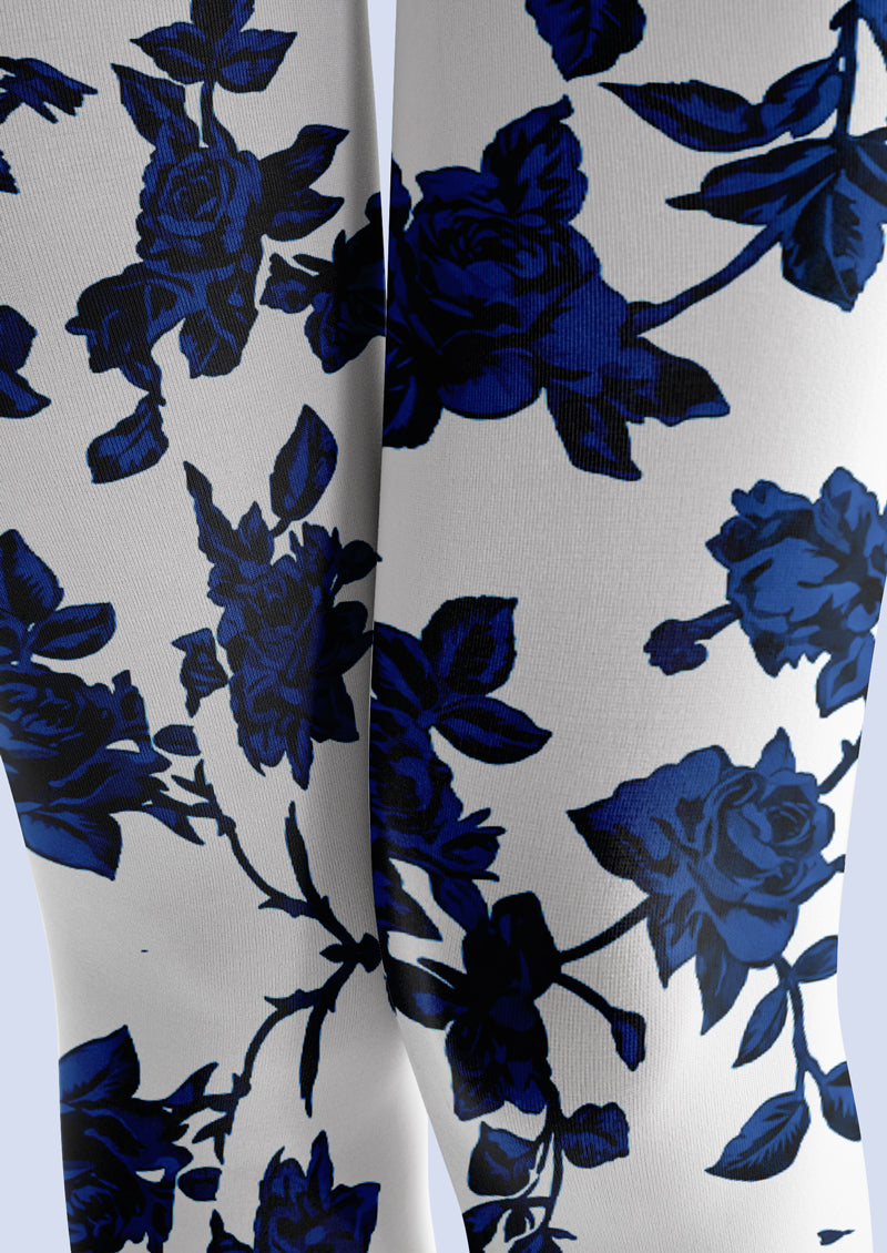 White Blue Rose Tights Hosiery Pantyhose