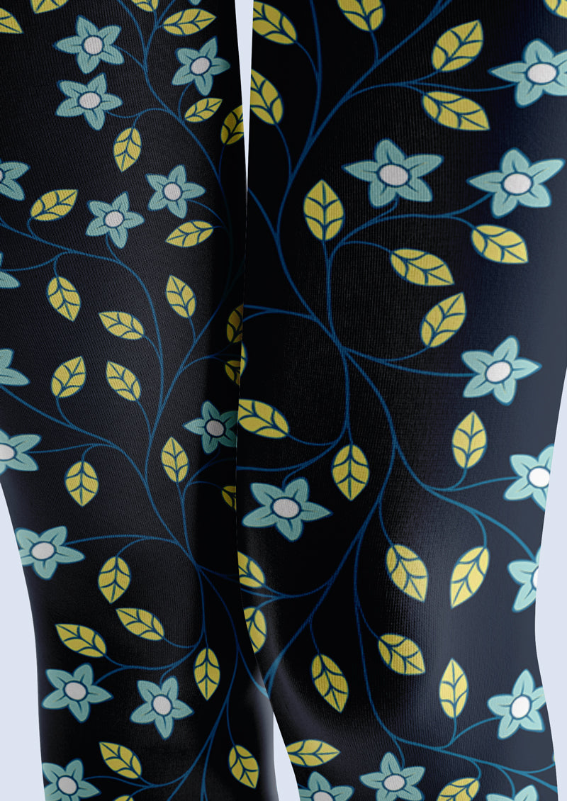 Navy Blue Light Blue Floral Vines Tights Hosiery Pantyhose