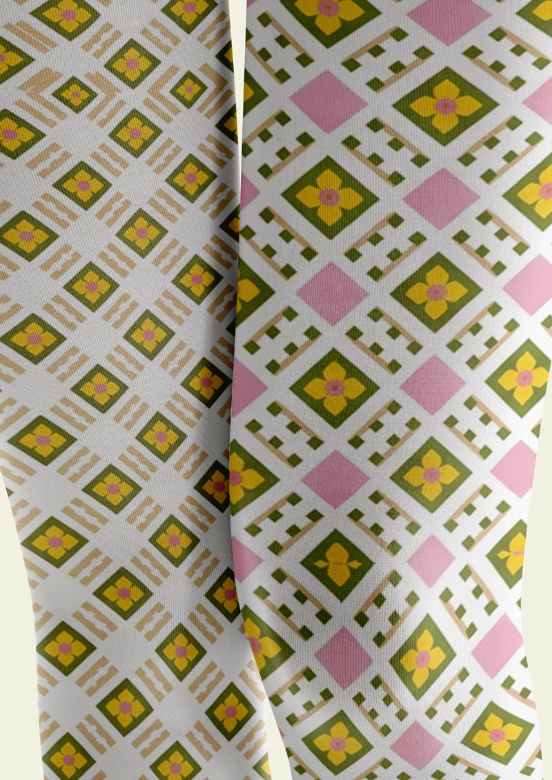 Pink Yellow Diamond Plaid Tights Hosiery Pantyhose